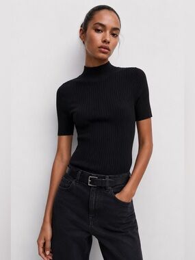 Scoop Black Ribbed Mock Neck Sweater Top Womens Medium 8-10 NWT
